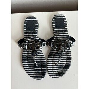 Tory Burch Miller 2 Navy/ White Striped Printed Leather Metal Logo Sandals 7.5